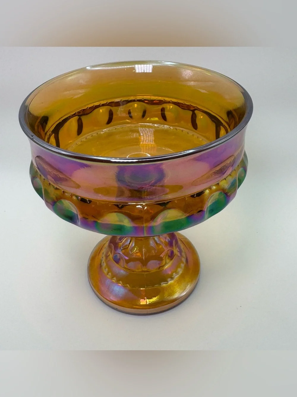 Vintage Amber Carnival Glass Pedestal Compote Iridescent Pressed Glass Candy